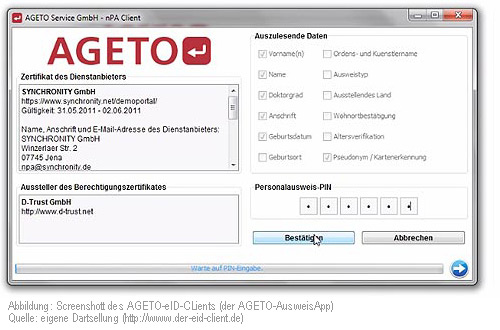 Screenshott des AGETO-eID-CLients bzw. der AGETO-AusweisApp