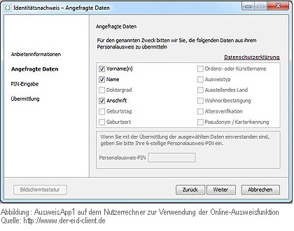 Abbildung: AusweisApp1 auf dem Nutzerrechner zur Verwendung der Online-Ausweisfunktion